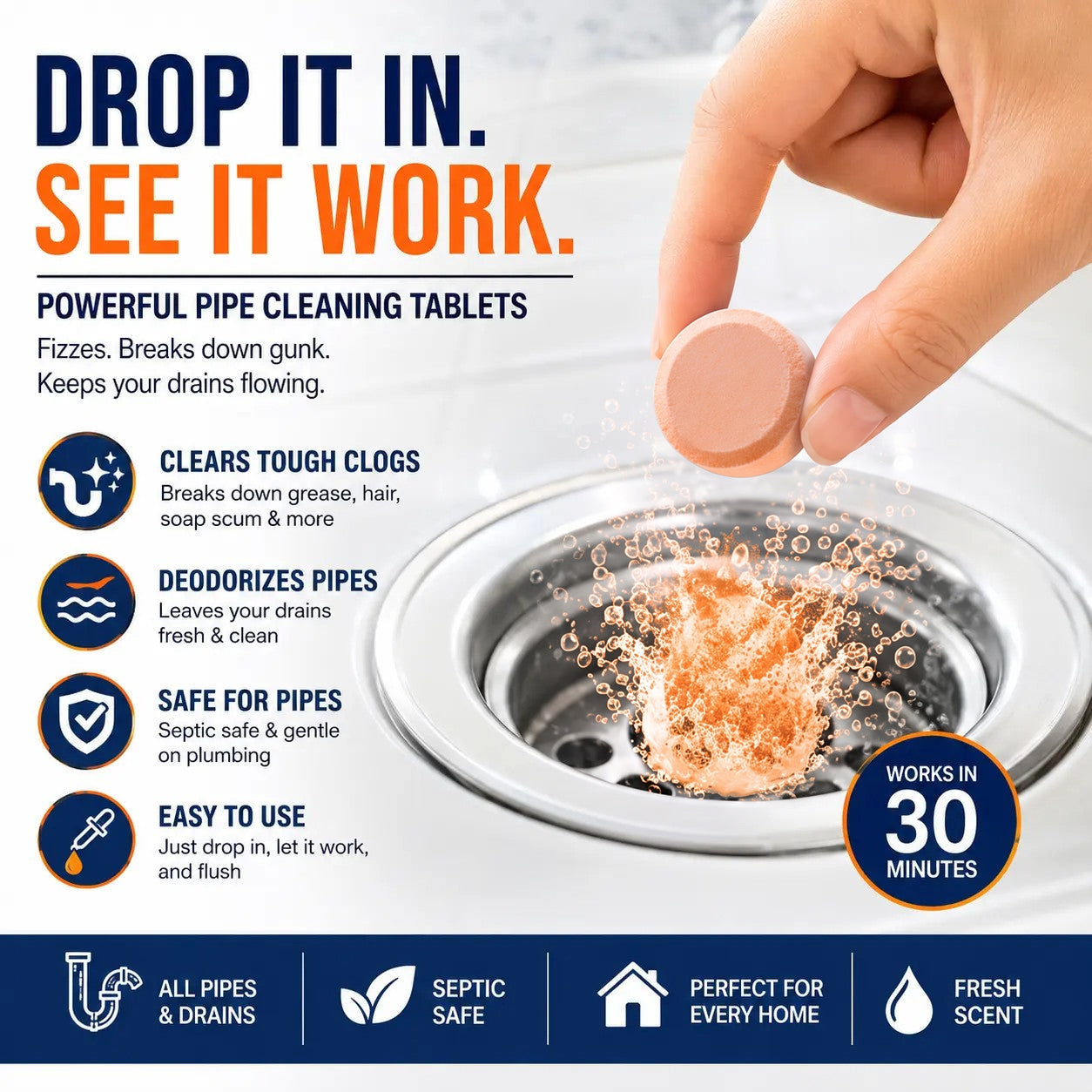 💥Foaming Drain Cleaner Tablets — Active Oxygen | Eliminates Drain Pests | No Bleach, No Lye, Pipe-Safe