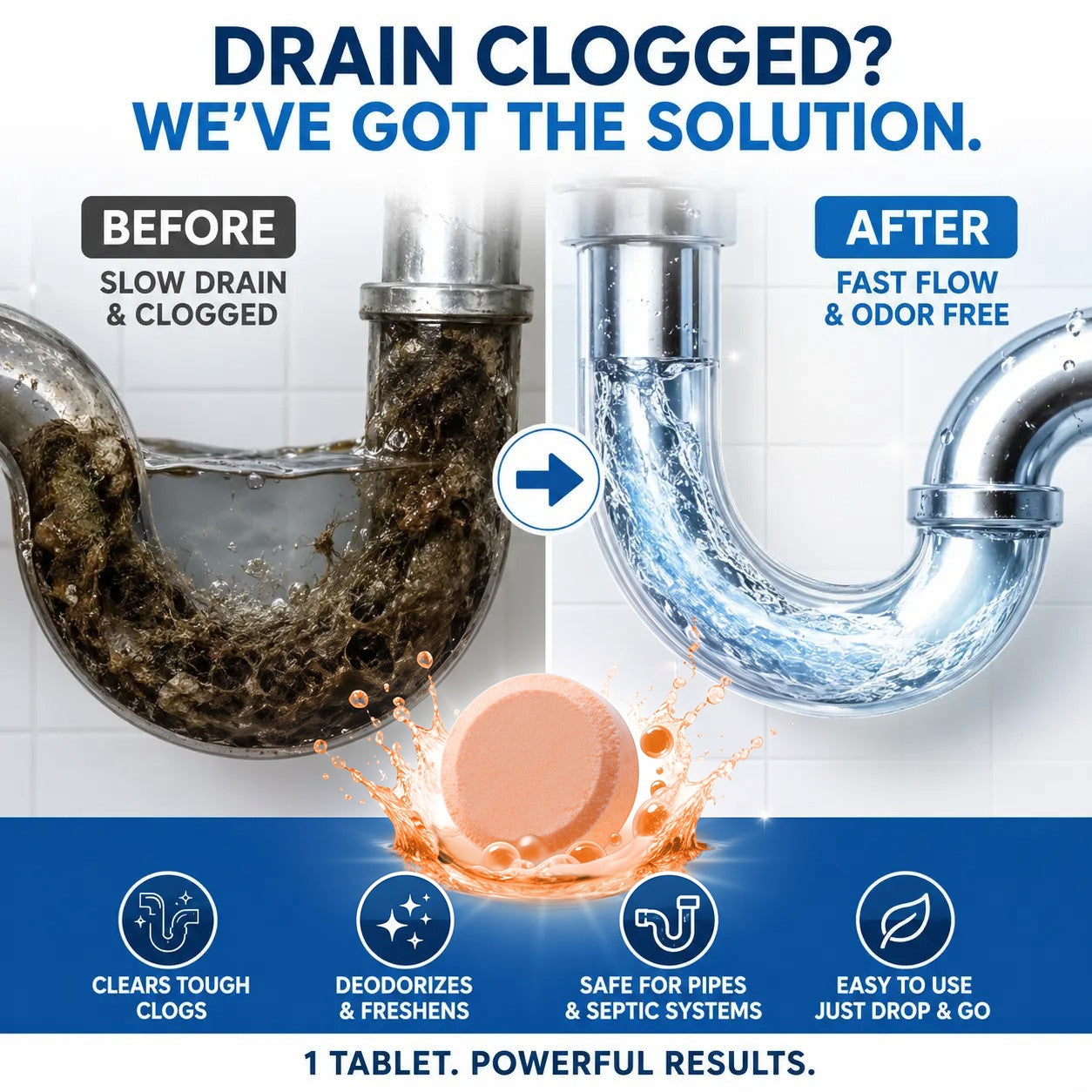 💥Foaming Drain Cleaner Tablets — Active Oxygen | Eliminates Drain Pests | No Bleach, No Lye, Pipe-Safe