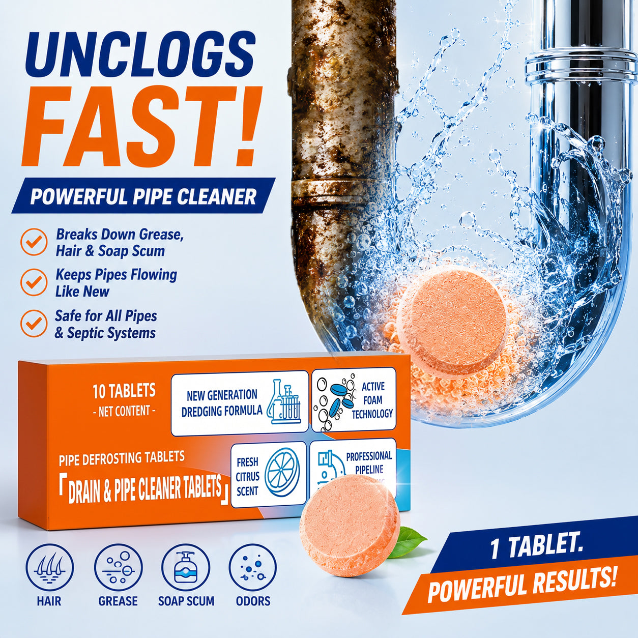 💥Foaming Drain Cleaner Tablets — Active Oxygen | Eliminates Drain Pests | No Bleach, No Lye, Pipe-Safe