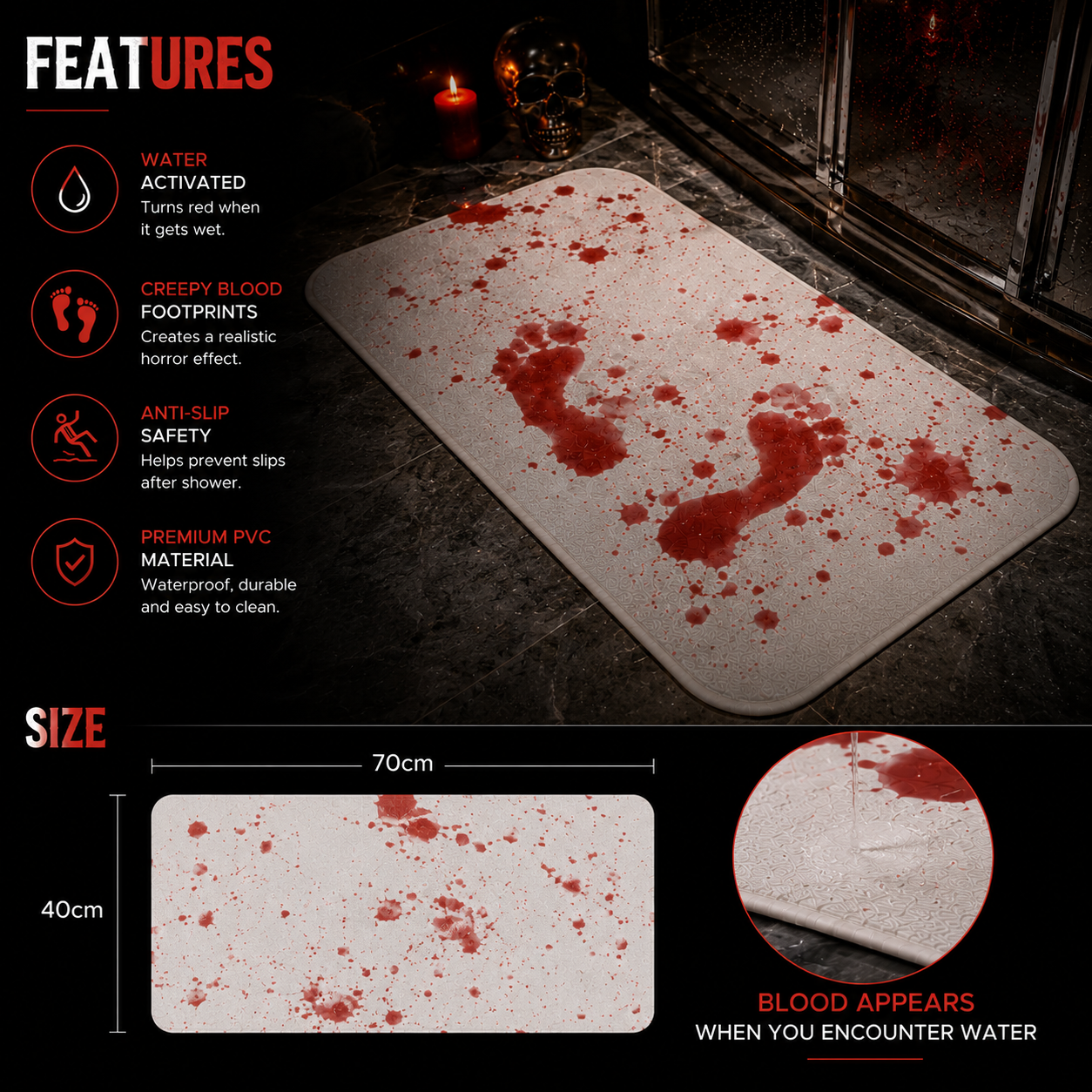 Water-Activated Bloody Bath Mat — Halloween Horror Decor